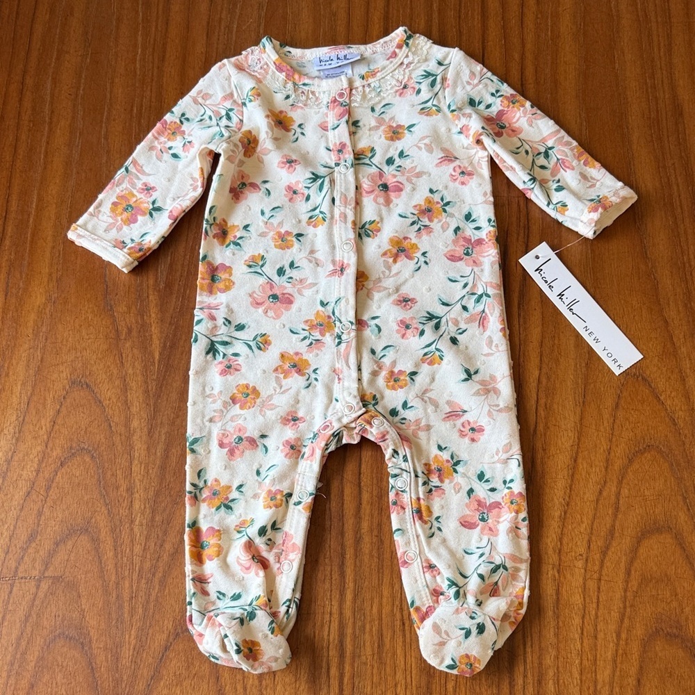 Nicole Miller Floral Footed Sleeper Pajamas 3-6M Cream Pink Cotton Blend NWT